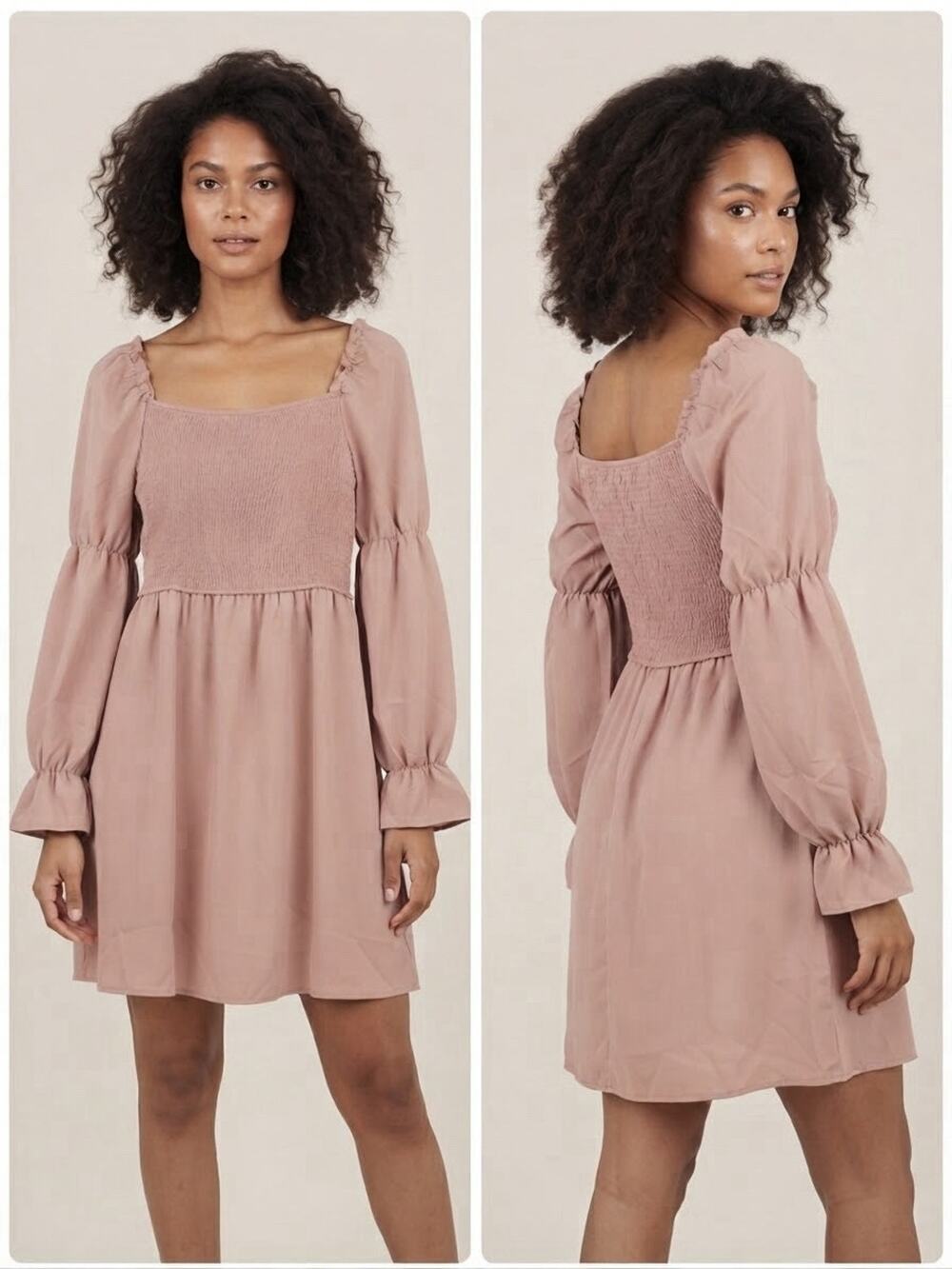 Flamingals Dusty Pink Smocked Long Balloon Sleeve Square Neck Dress Size XL NWT